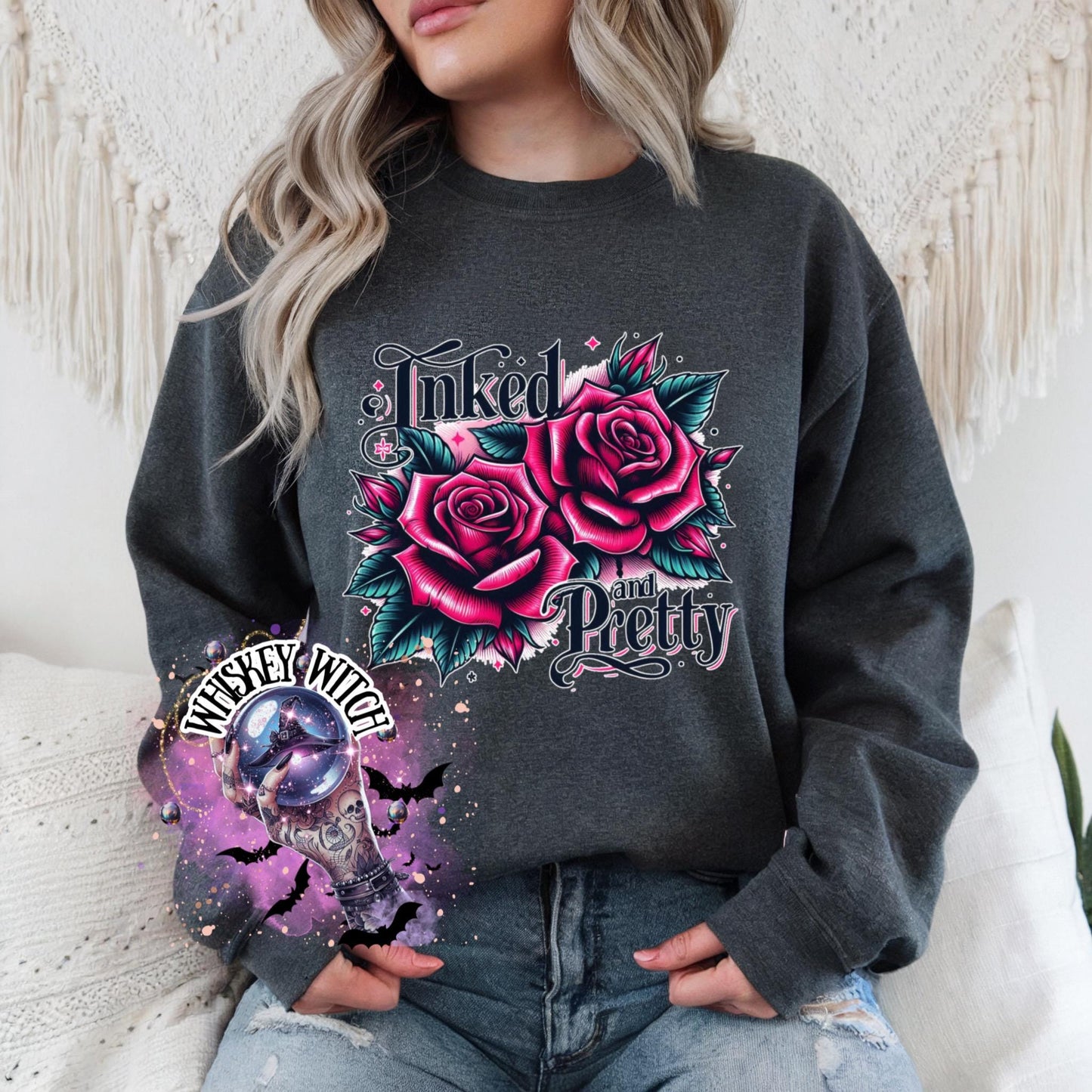 Inked and Pretty Tattoo Skull Unisex Heavy Crewneck Sweatshirt | skull | gift | womens crewneck | shirts for women| goth | trending