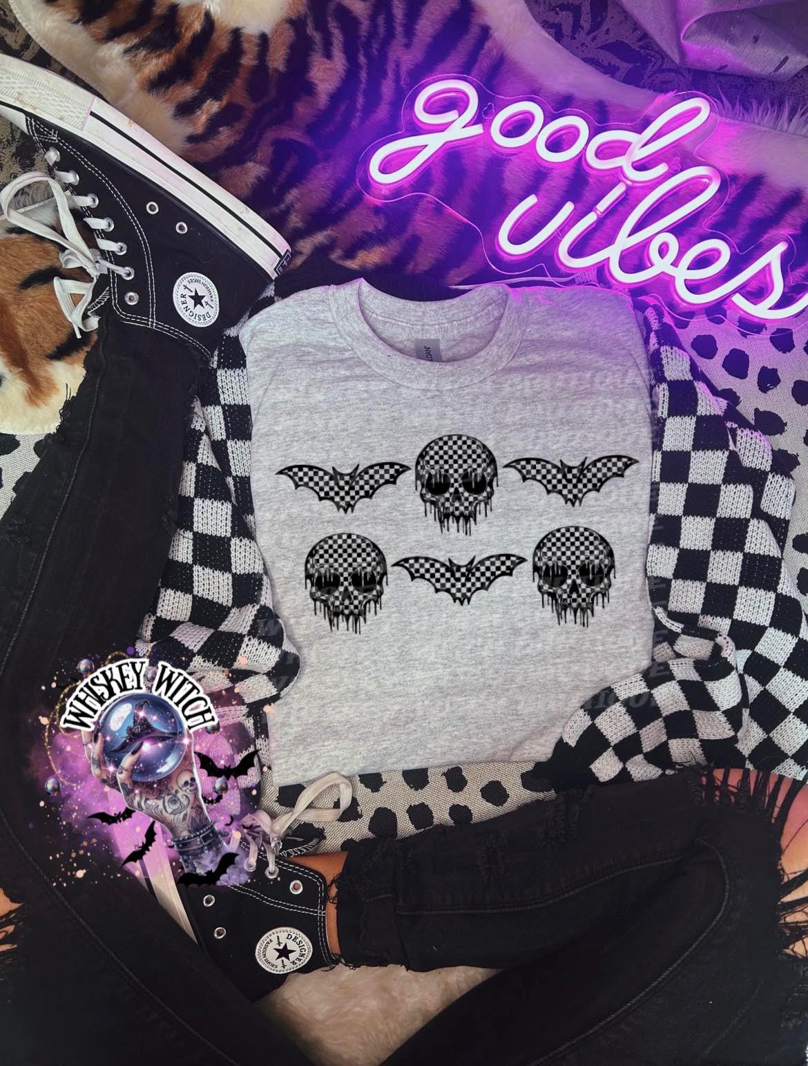 Checkered Skull and Bats trendy Shirt | unisex | trendy | trending | handmade | gift idea | gifts | women’s clothing | sweatshirt | retro