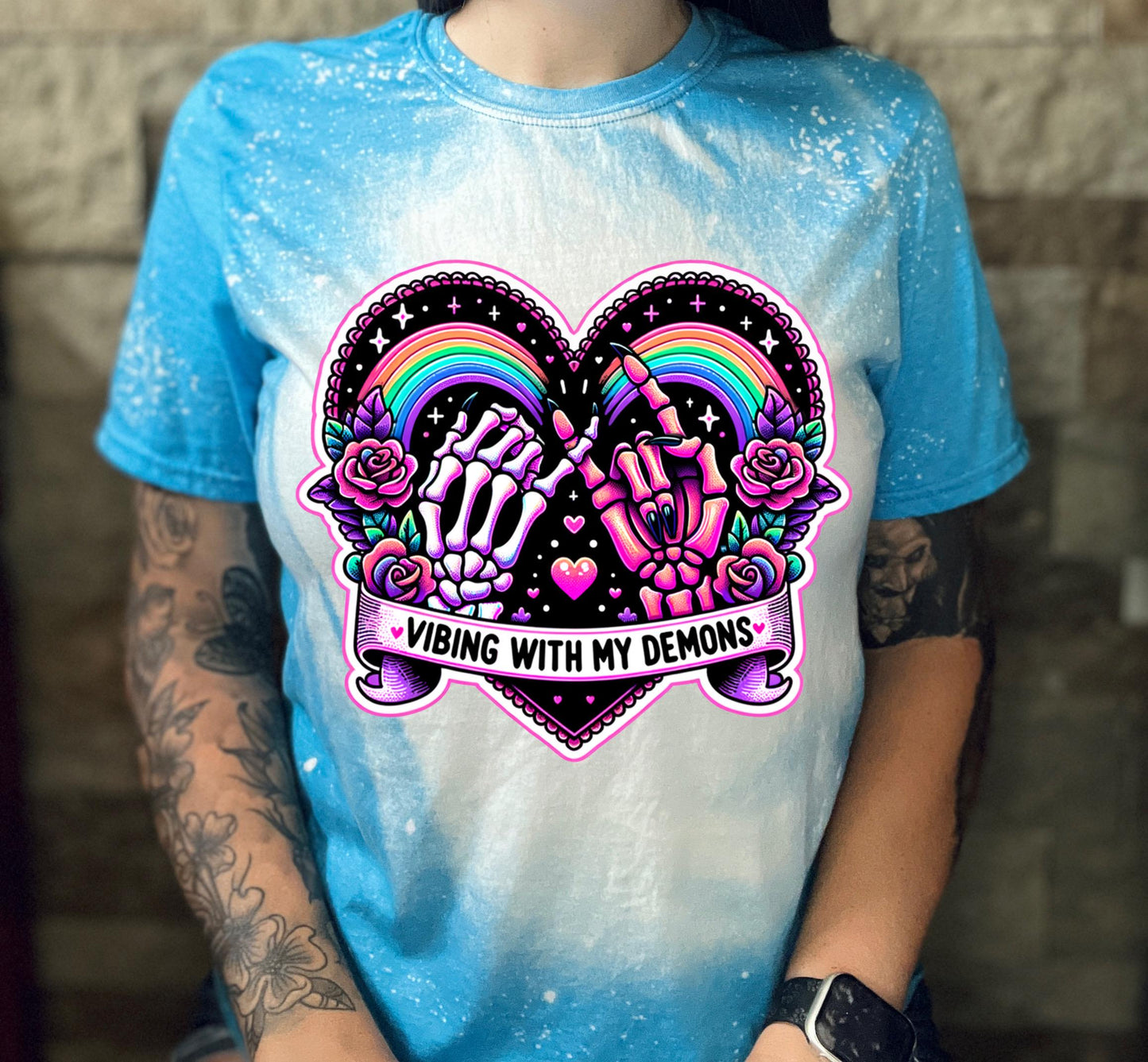 Bleached Shirt Vibing With My Demons Spooky | goth T shirt | gift | tshirt | gift for her | snarky | sarcastic | soft tee | creepy