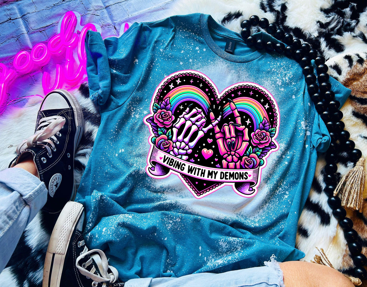 Bleached Shirt Vibing With My Demons Spooky | goth T shirt | gift | tshirt | gift for her | snarky | sarcastic | soft tee | creepy