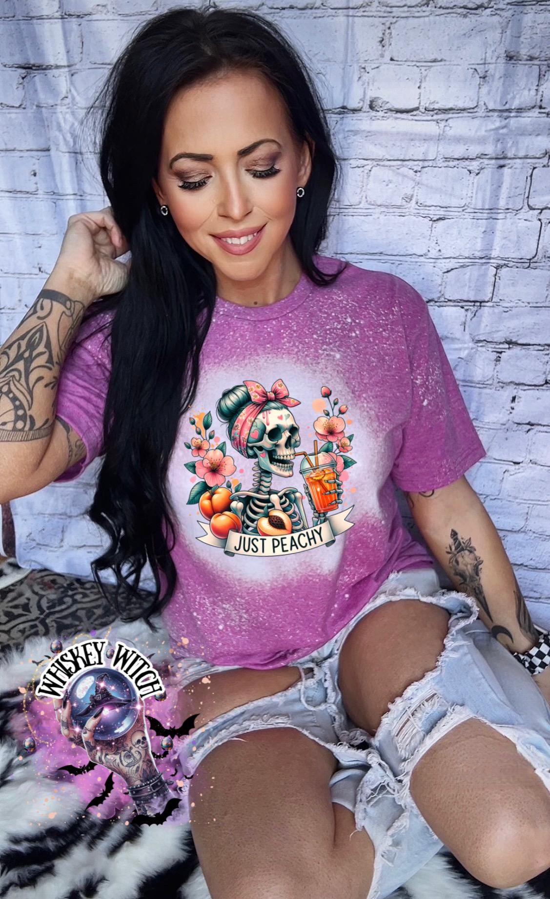 Bleached T shirt Just Peachy skeleton | vintage | retro | custom | funny shirt | Halloween | gift | snarky | goth | mom | soft tee