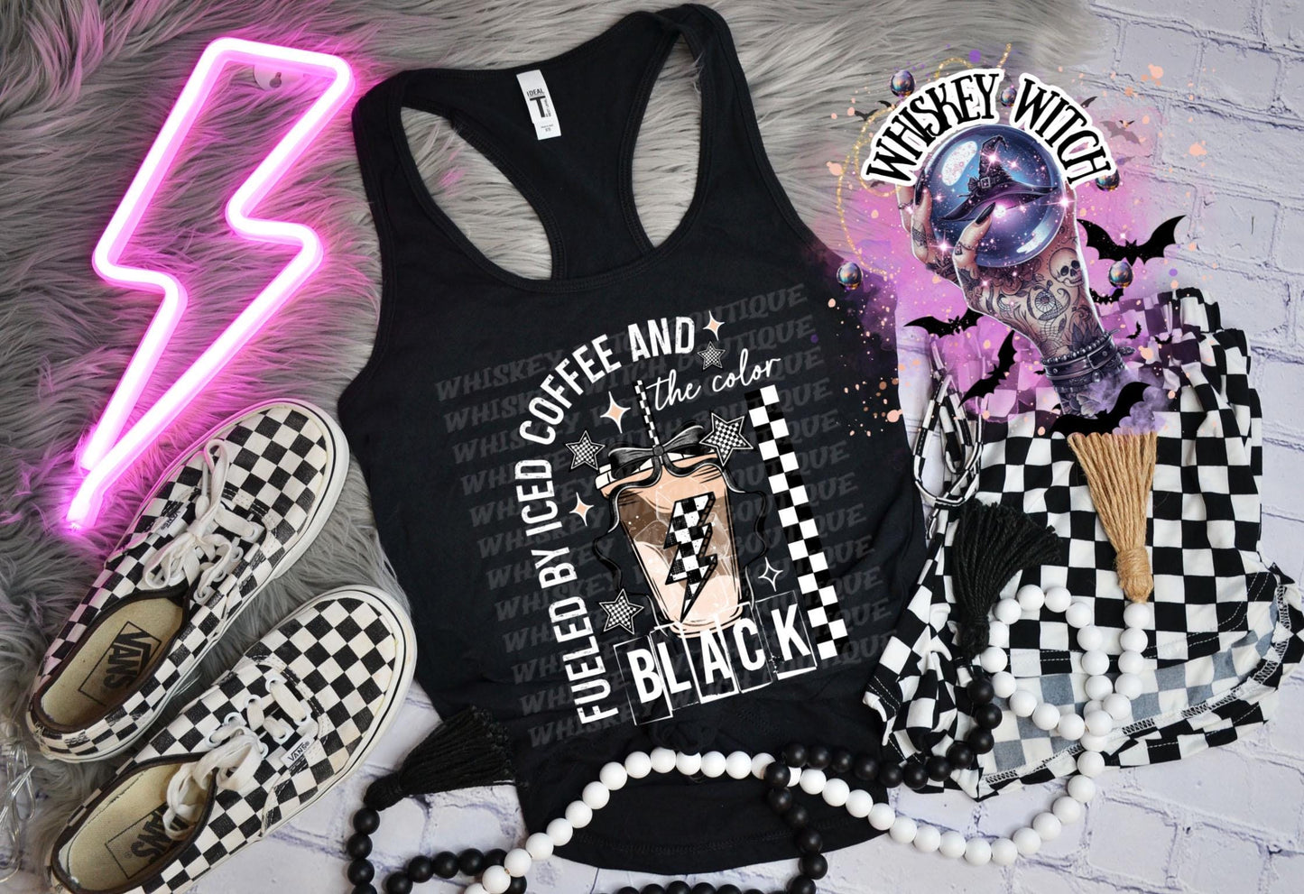 Spooky Fueled By Iced Coffee & The Color Black TankTop | cute summer shirt | Halloween | funny summer shirt | checkered