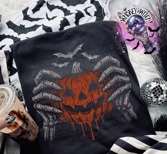 Spooky Skeleton Hands Creepy Pumpkin Witchy Vintage Halloween Graphic Tee | Spooky season shirt | retro | vintage | comfy | gifts for her