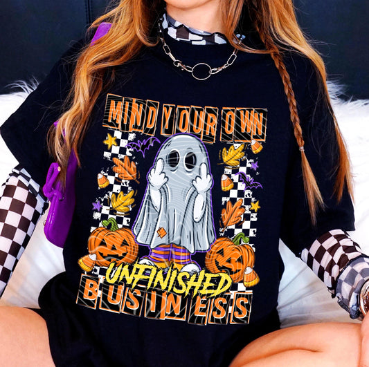 Ghost Mind Your Own Unfinished Business funny Vintage halloween T Shirt, spooky Graphic Tee, Spooky Humor Shirt, retro Aesthetic Top