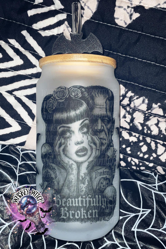 Beautifully Broken Retro Vintage Horror 16oz Glass Iced Coffee Cup with Lid & Straw