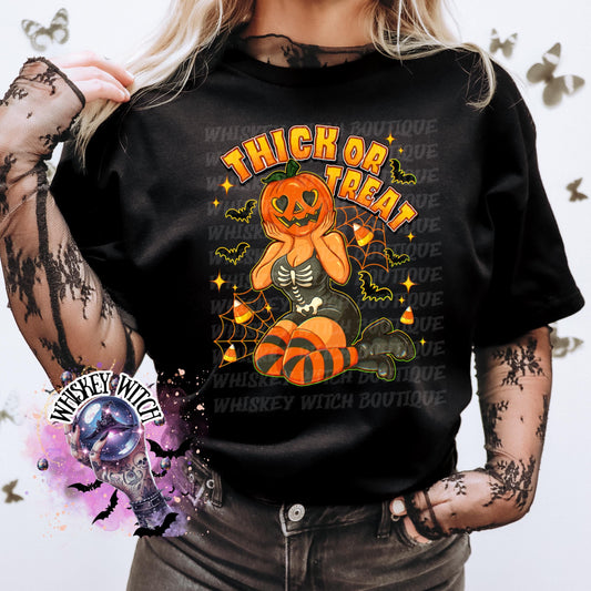 Thick or Treat Cute Pumpkin Witchy Halloween Shirt: Retro Spooky Tee spooky season shirt, pumpkin patch shirt