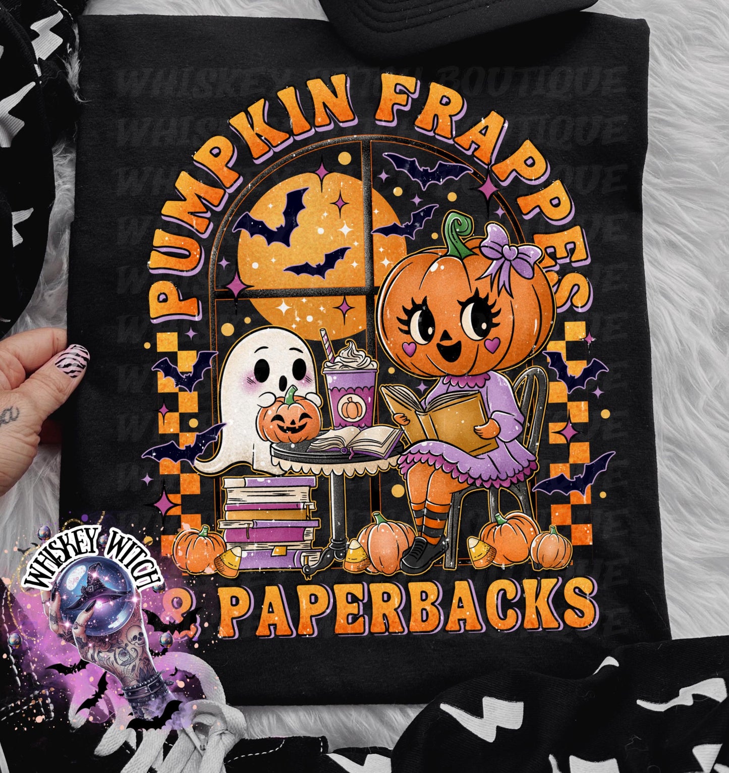 Pumpkin Frappes and Paperbacks Shirt | Cute Halloween Ghost & Pumpkin T-Shirt | Spooky Fall Coffee Book Lover Tee | Retro Autumn Graphic Shi