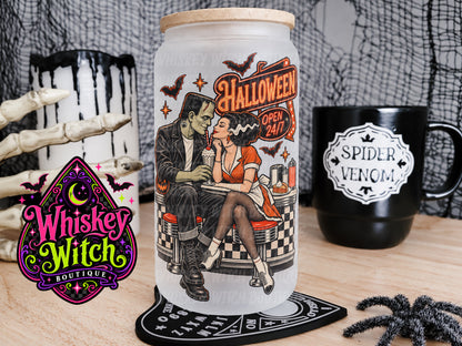 Halloween Diner 16 oz Frosted Glass Cup | Frankenstein Couple Halloween Cup | Retro Spooky Glass Cup with Bamboo Lid & Straw