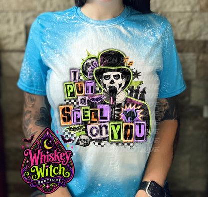 I Put a Spell on You Bleached Tee – Spooky Skeleton Graphic Shirt