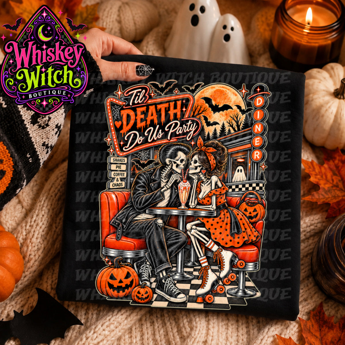 Til Death Do Us Party Halloween Shirt | Retro Skeleton Couple Tee & Sweatshirt | Vintage Spooky Diner Graphic
