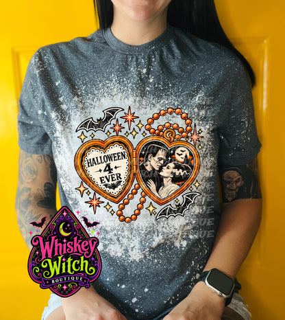 Halloween 4 Ever Bleached Shirt & Sweatshirt | Retro Monster Couple Graphic