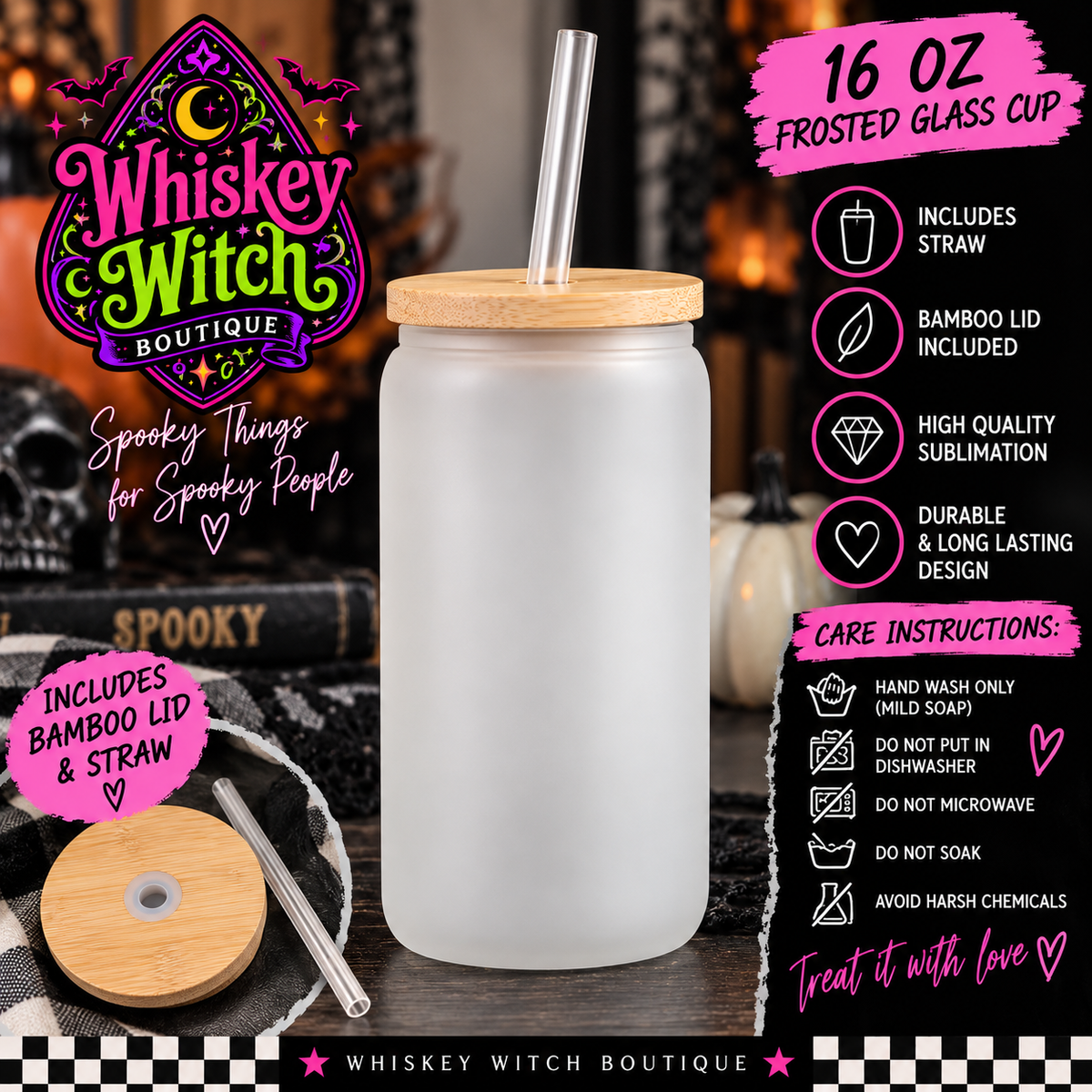 Graveyard Shift 16 oz Frosted Glass Cup | Zombie Waitress Halloween Cup | Retro Spooky Glass Cup with Bamboo Lid & Straw