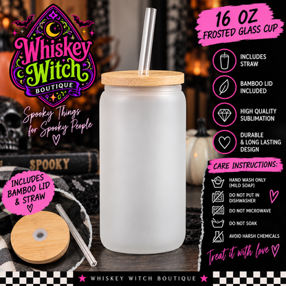 Graveyard Shift 16 oz Frosted Glass Cup | Zombie Waitress Halloween Cup | Retro Spooky Glass Cup with Bamboo Lid & Straw