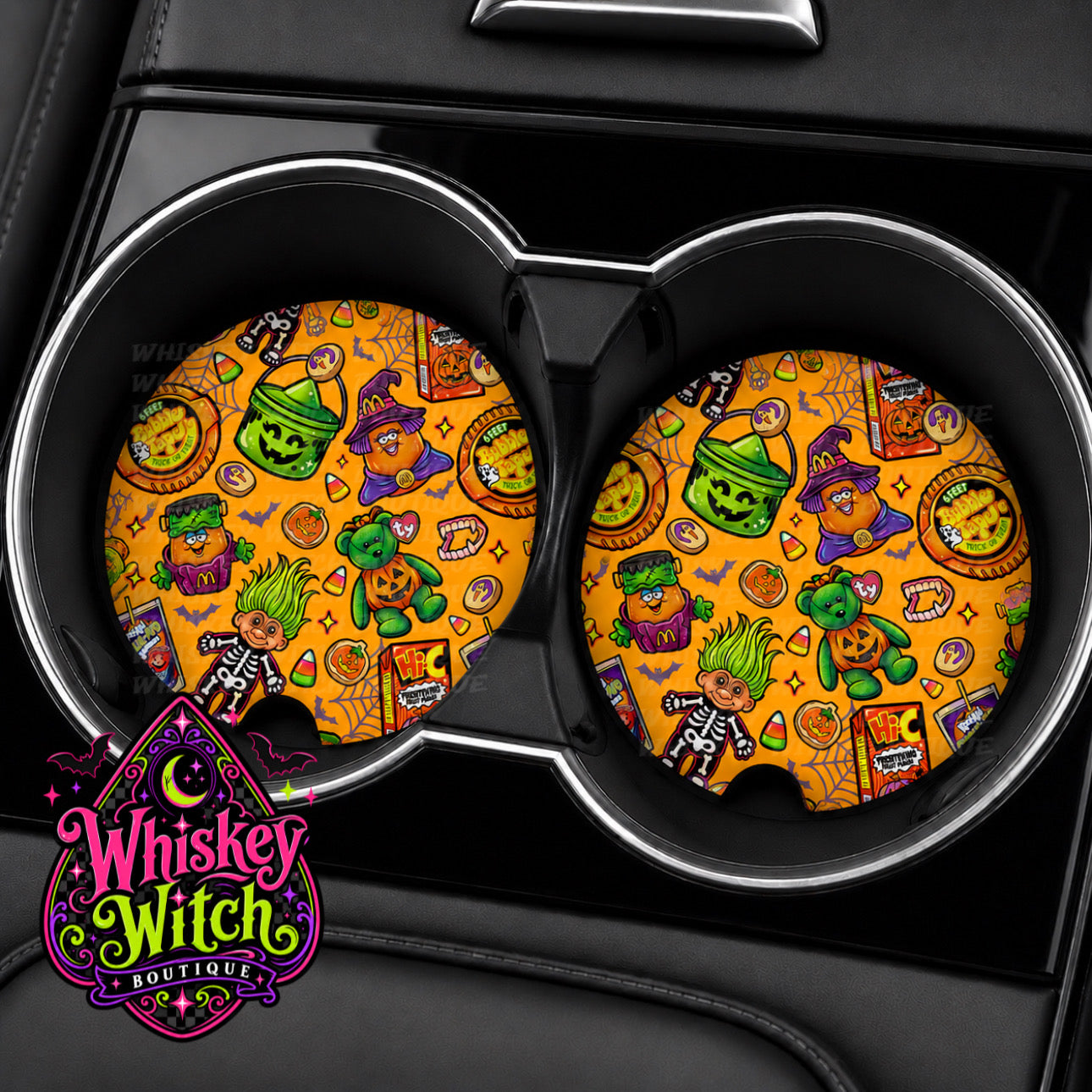 Retro Halloween Car Coasters | Orange 90s Spooky Nostalgia Cup Holder Set