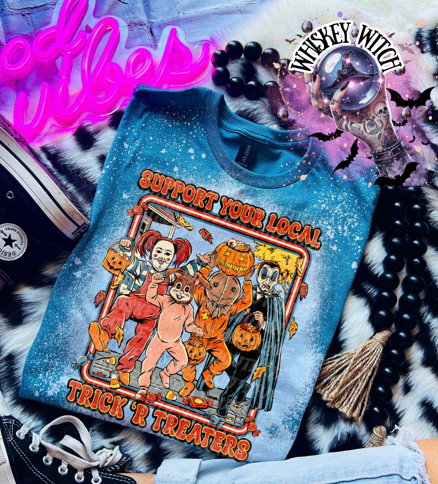 Retro Halloween Trick or Treaters bleached  tshirt (unisex)