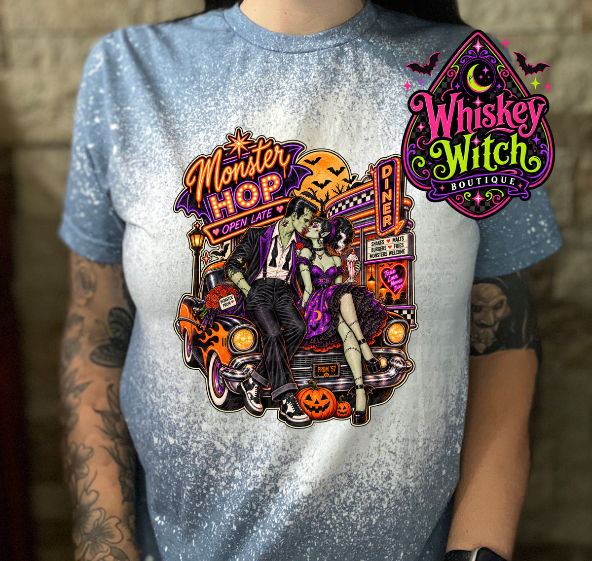 Monster Hop Halloween Shirt | Retro Frankenstein & Bride Diner Tee | Bleached Halloween T-Shirt