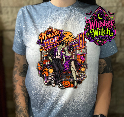 Monster Hop Halloween Shirt | Retro Frankenstein & Bride Diner Tee | Bleached Halloween T-Shirt