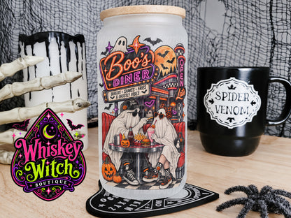 Boo’s Diner 16 oz Frosted Glass Cup | Retro Ghost Halloween Glass Cup | Spooky Cup with Bamboo Lid & Straw