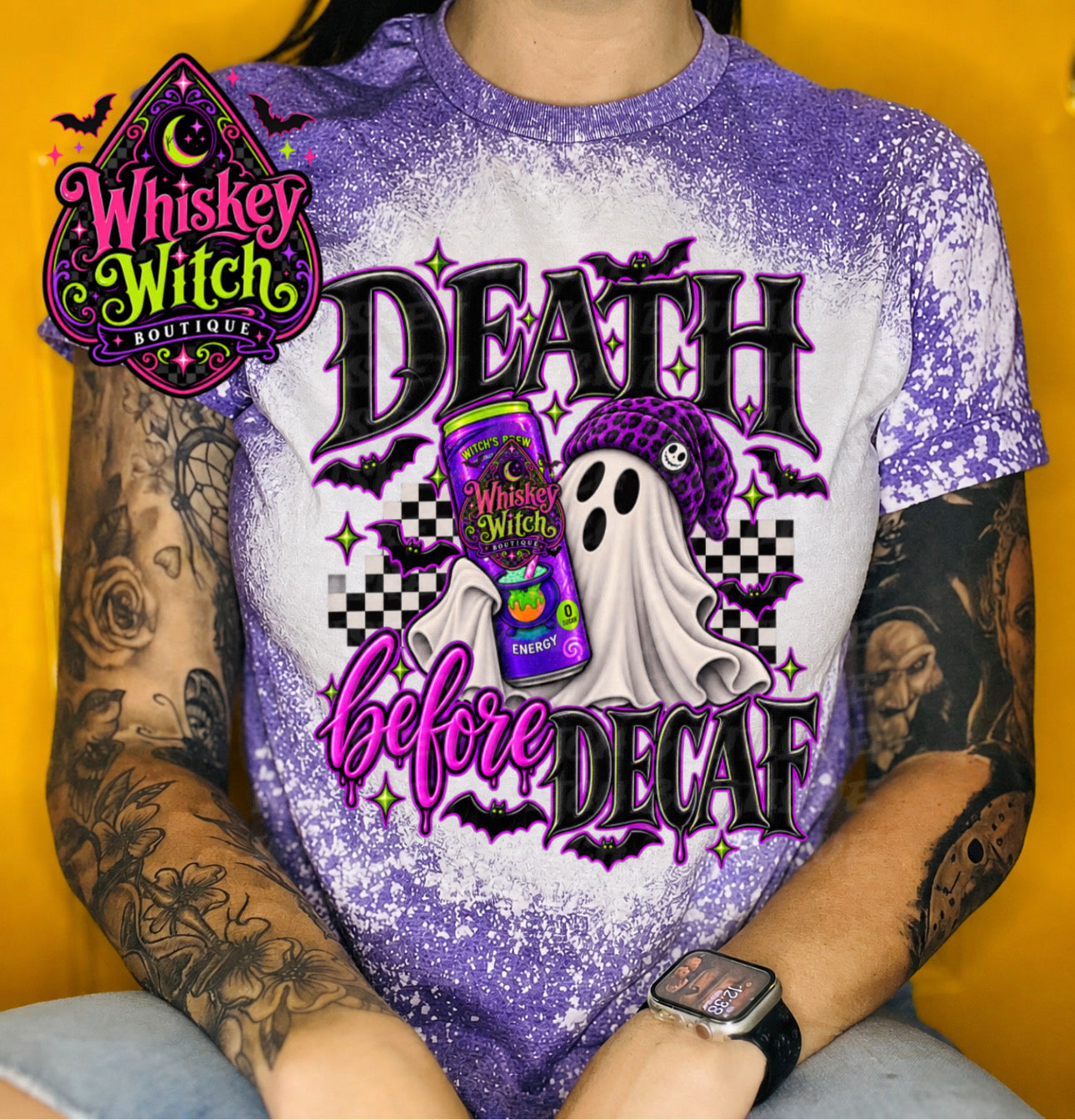 Death Before Decaf Ghost Shirt | Bleached Spooky Halloween Tee