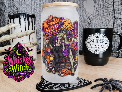 Monster Hop 16 oz Frosted Glass Cup | Retro Frankenstein Halloween Glass Cup | Spooky Cup with Bamboo Lid & Straw
