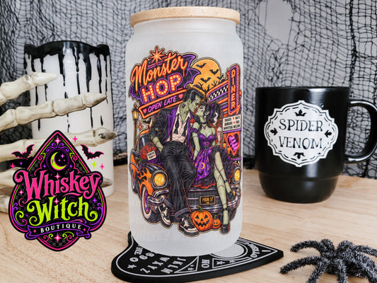 Monster Hop 16 oz Frosted Glass Cup | Retro Frankenstein Halloween Glass Cup | Spooky Cup with Bamboo Lid & Straw