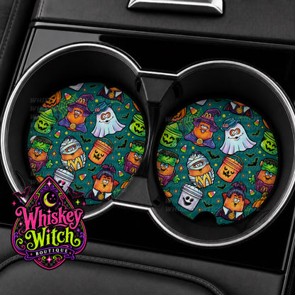 Retro Halloween Car Coasters | Dark Green Spooky Monster Cup Holder Set of 2
