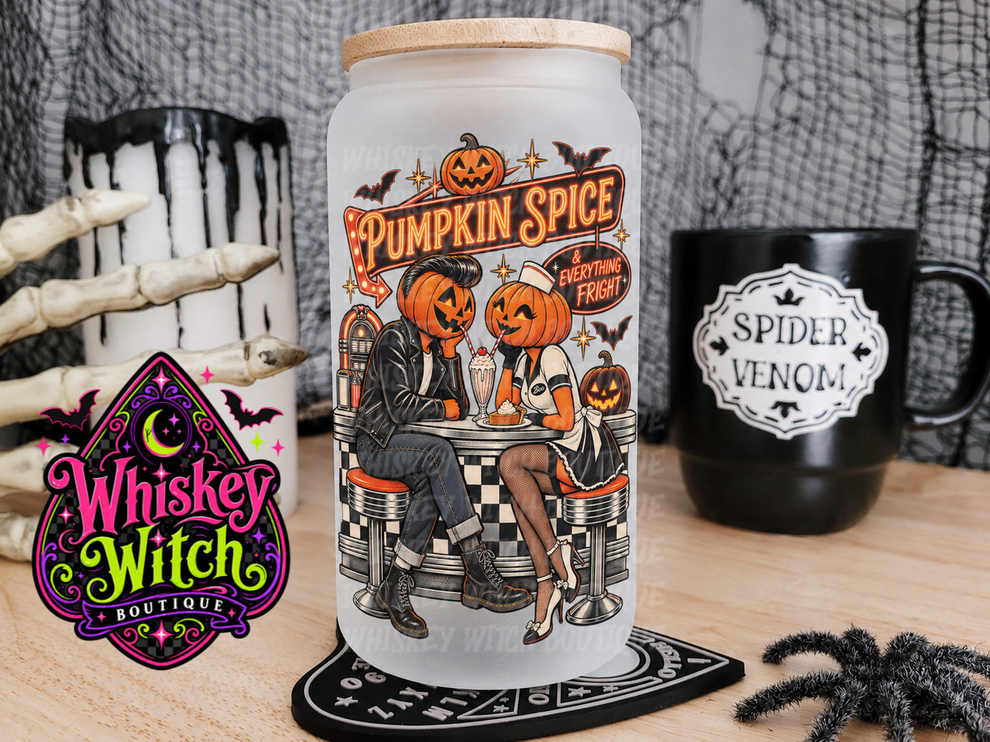 Pumpkin Spice & Everything Fright 16 oz Frosted Glass Cup | Retro Halloween Glass Cup | Spooky Cup with Bamboo Lid & Straw