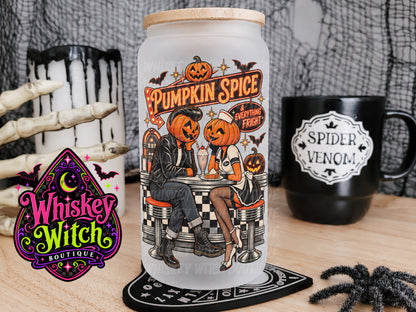 Pumpkin Spice & Everything Fright 16 oz Frosted Glass Cup | Retro Halloween Glass Cup | Spooky Cup with Bamboo Lid & Straw