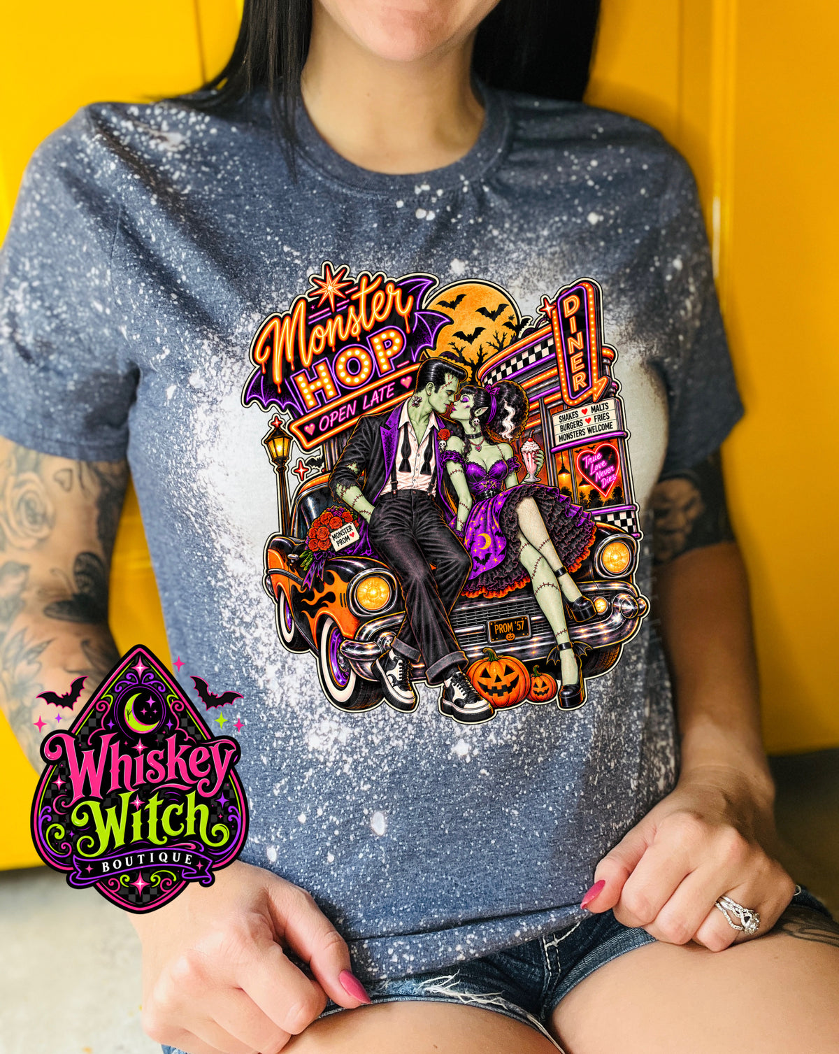 Monster Hop Halloween Shirt | Retro Frankenstein & Bride Diner Tee | Bleached Halloween T-Shirt