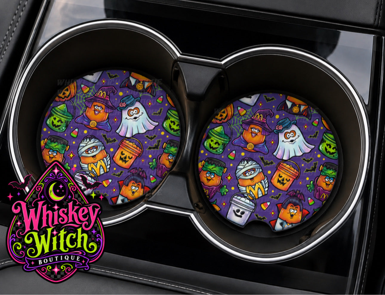 Purple Retro Halloween Car Coasters | Spooky Monster Cup Holder Set of 2
