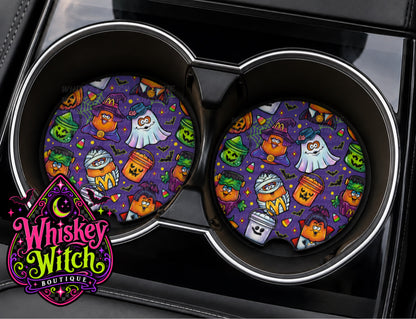 Purple Retro Halloween Car Coasters | Spooky Monster Cup Holder Set of 2