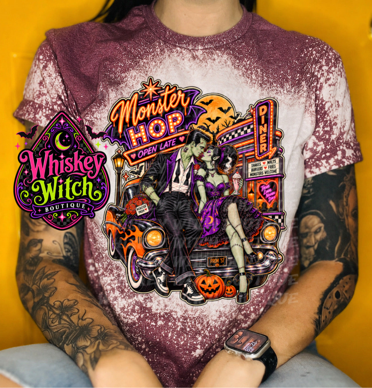 Monster Hop Halloween Shirt | Retro Frankenstein & Bride Diner Tee | Bleached Halloween T-Shirt