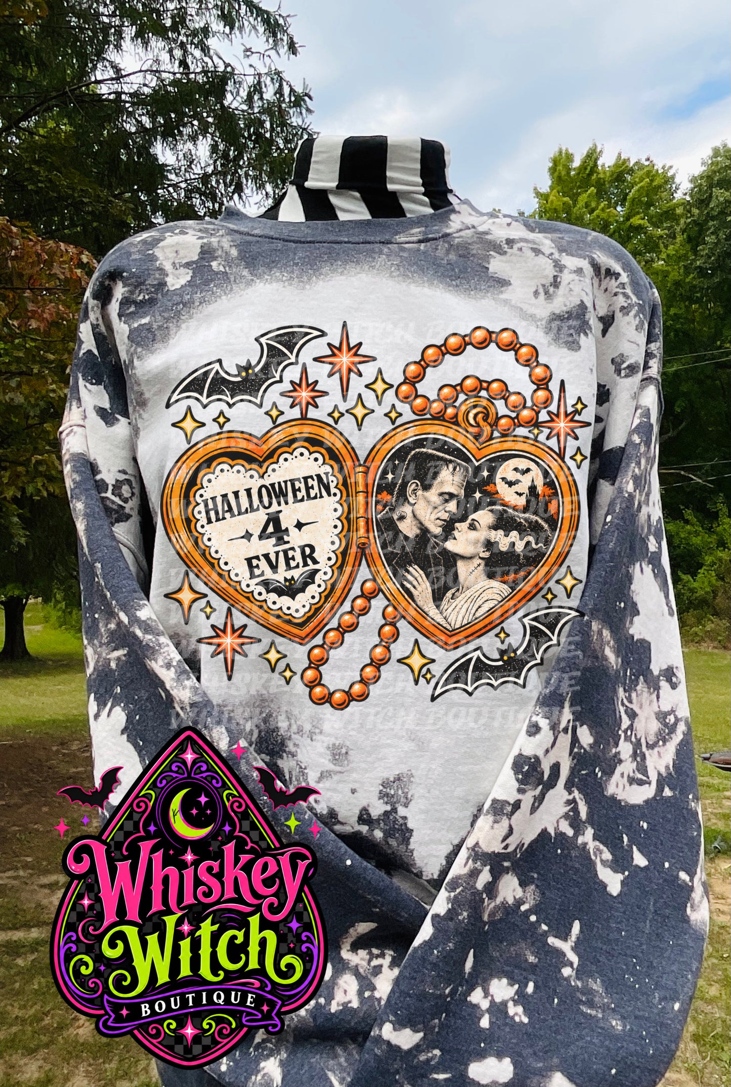 Halloween 4 Ever Bleached Shirt & Sweatshirt | Retro Monster Couple Graphic