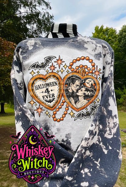 Halloween 4 Ever Bleached Shirt & Sweatshirt | Retro Monster Couple Graphic