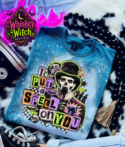 I Put a Spell on You Bleached Tee – Spooky Skeleton Graphic Shirt