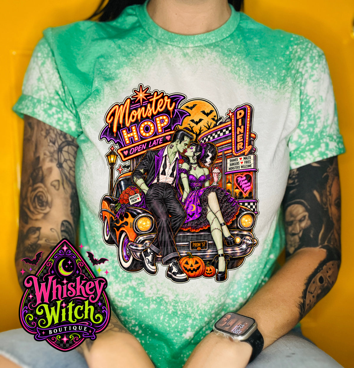 Monster Hop Halloween Shirt | Retro Frankenstein & Bride Diner Tee | Bleached Halloween T-Shirt
