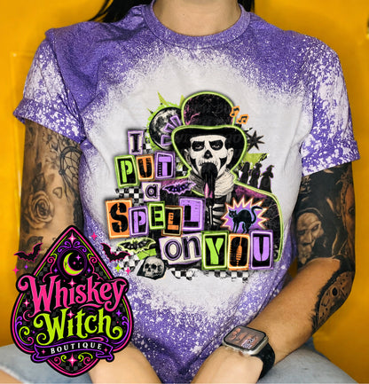 I Put a Spell on You Bleached Tee – Spooky Skeleton Graphic Shirt