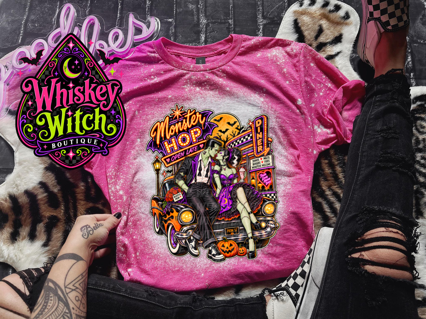 Monster Hop Halloween Shirt | Retro Frankenstein & Bride Diner Tee | Bleached Halloween T-Shirt
