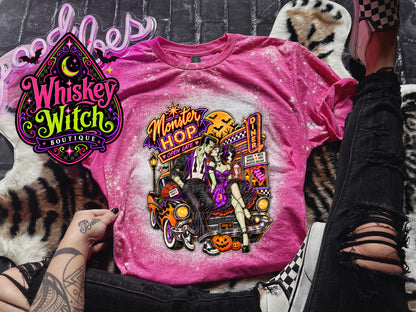 Monster Hop Halloween Shirt | Retro Frankenstein & Bride Diner Tee | Bleached Halloween T-Shirt