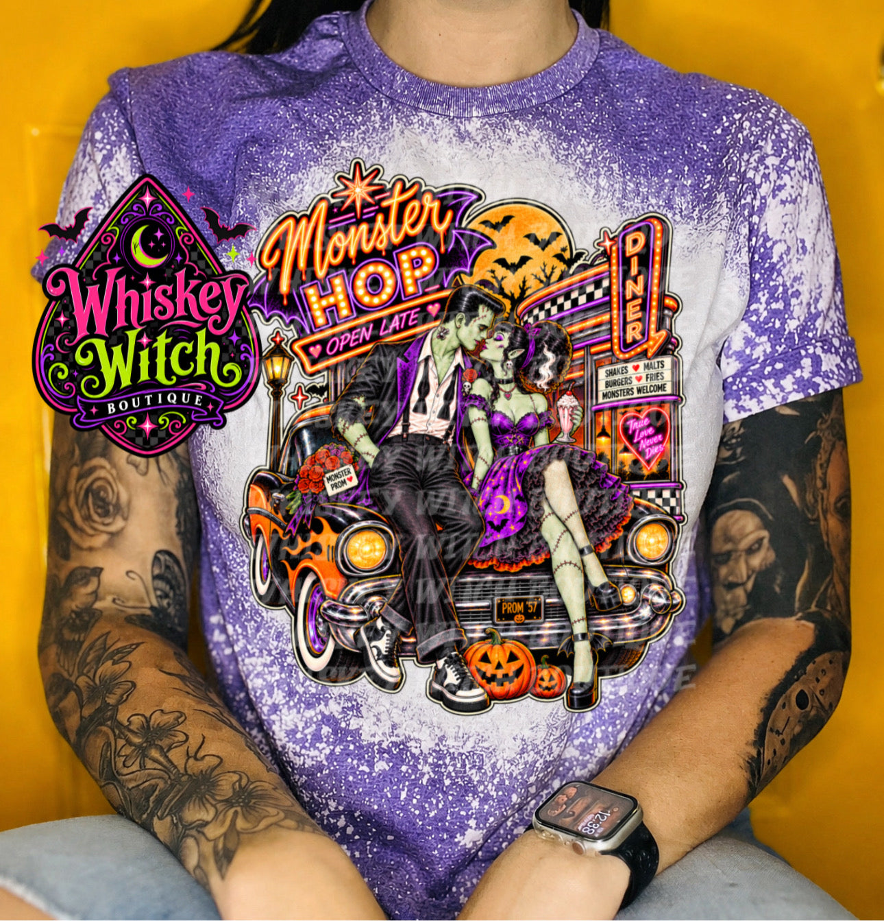 Monster Hop Halloween Shirt | Retro Frankenstein & Bride Diner Tee | Bleached Halloween T-Shirt