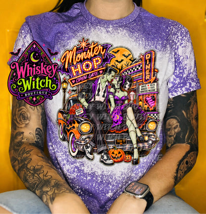 Monster Hop Halloween Shirt | Retro Frankenstein & Bride Diner Tee | Bleached Halloween T-Shirt