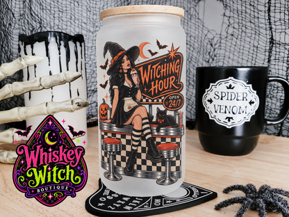 Witching Hour 16 oz Frosted Glass Cup | Retro Witch Halloween Glass Cup | Spooky Cup with Bamboo Lid & Straw
