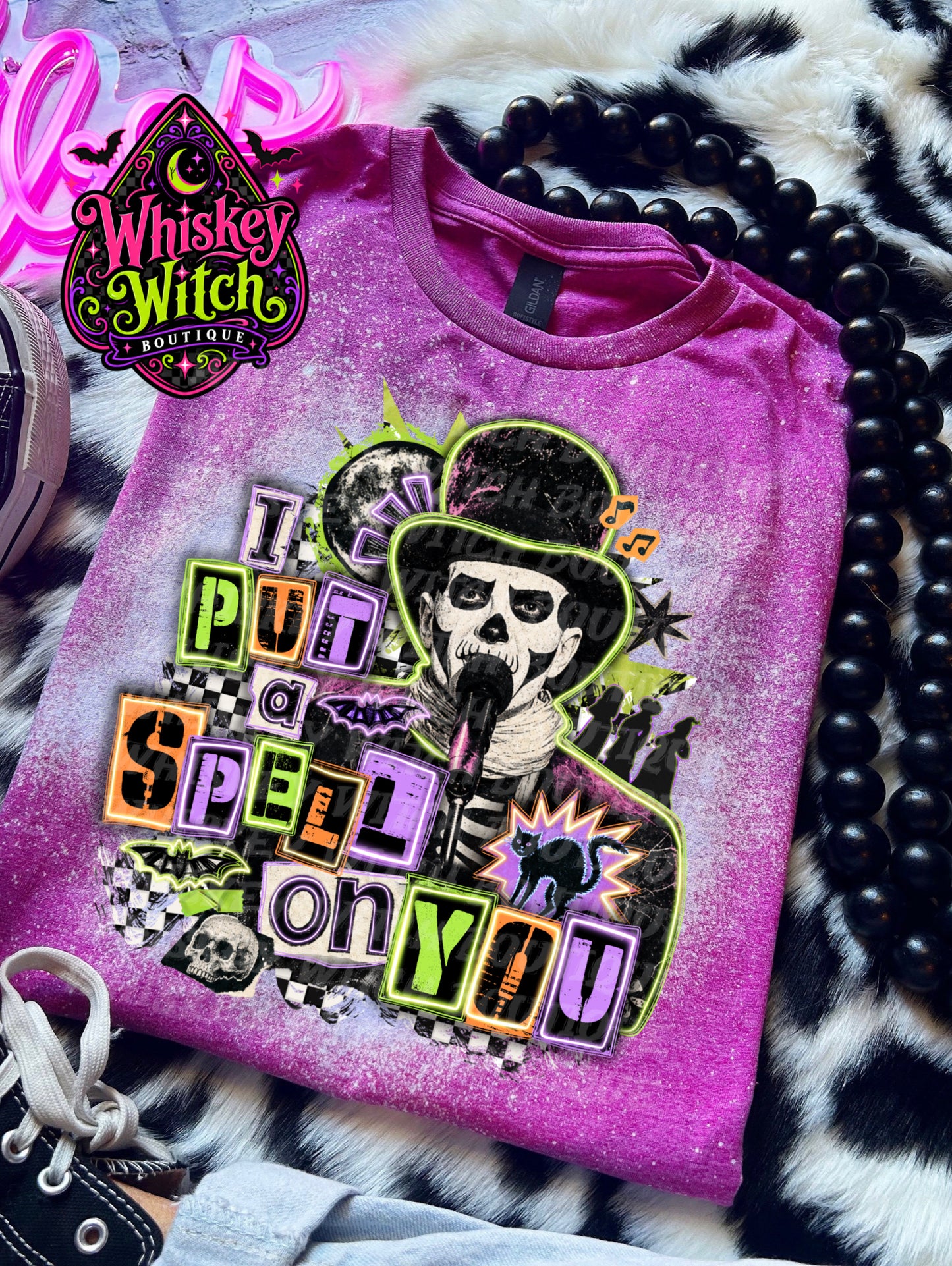 I Put a Spell on You Bleached Tee – Spooky Skeleton Graphic Shirt
