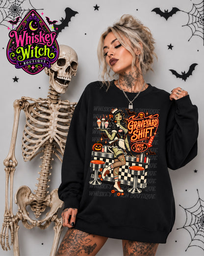 Graveyard Shift Halloween Shirt or Sweatshirt | Zombie Waitress Spooky Diner Tee | Retro Horror Halloween Apparel