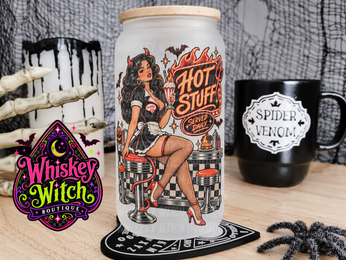 Hot Stuff 16 oz Frosted Glass Cup | Retro Devil Girl Halloween Glass Cup | Spooky Cup with Bamboo Lid & Straw