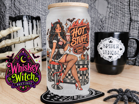 Hot Stuff 16 oz Frosted Glass Cup | Retro Devil Girl Halloween Glass Cup | Spooky Cup with Bamboo Lid & Straw