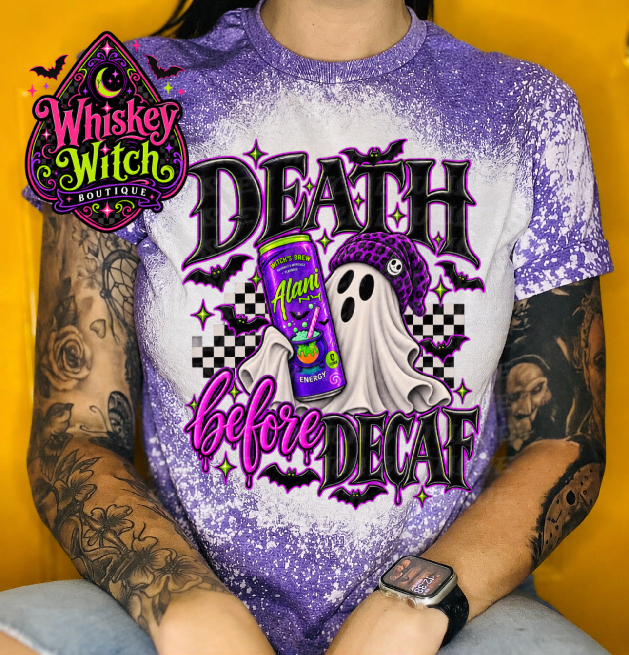 Death Before Decaf Ghost Shirt | Bleached Spooky Halloween Tee