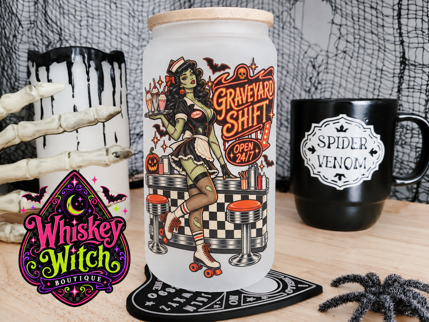 Graveyard Shift 16 oz Frosted Glass Cup | Zombie Waitress Halloween Cup | Retro Spooky Glass Cup with Bamboo Lid & Straw
