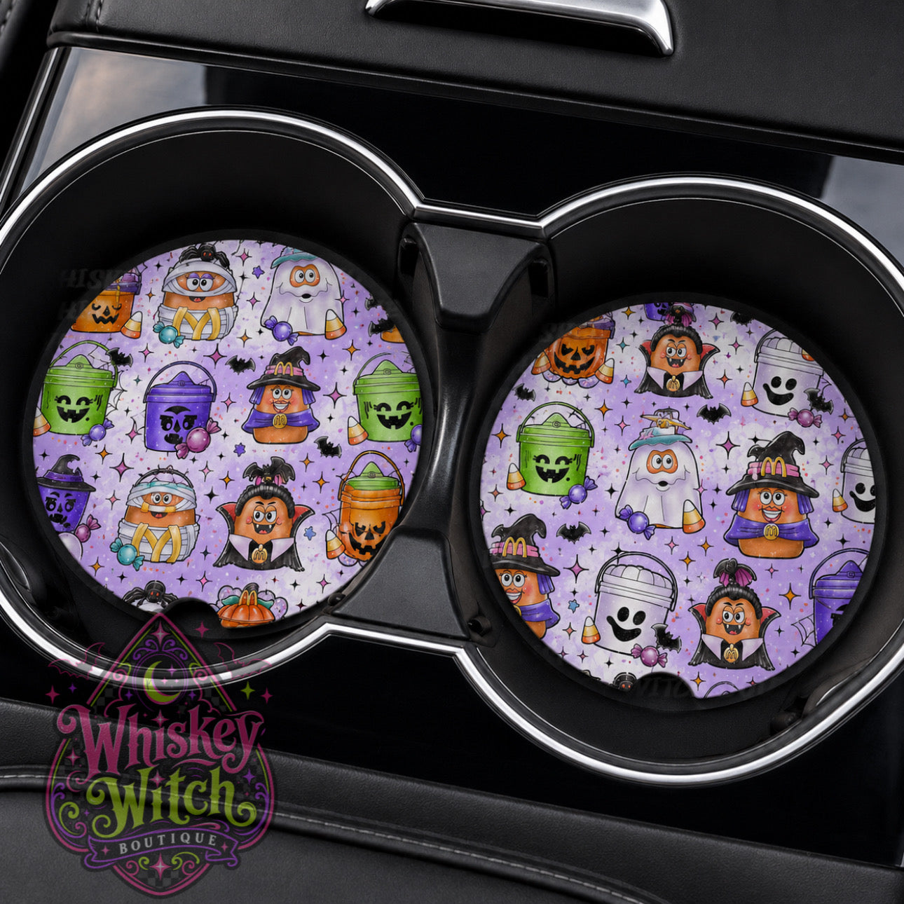 Retro Halloween Car Coasters | Spooky Trick or Treat Cup Holder Coasters | Set of 2