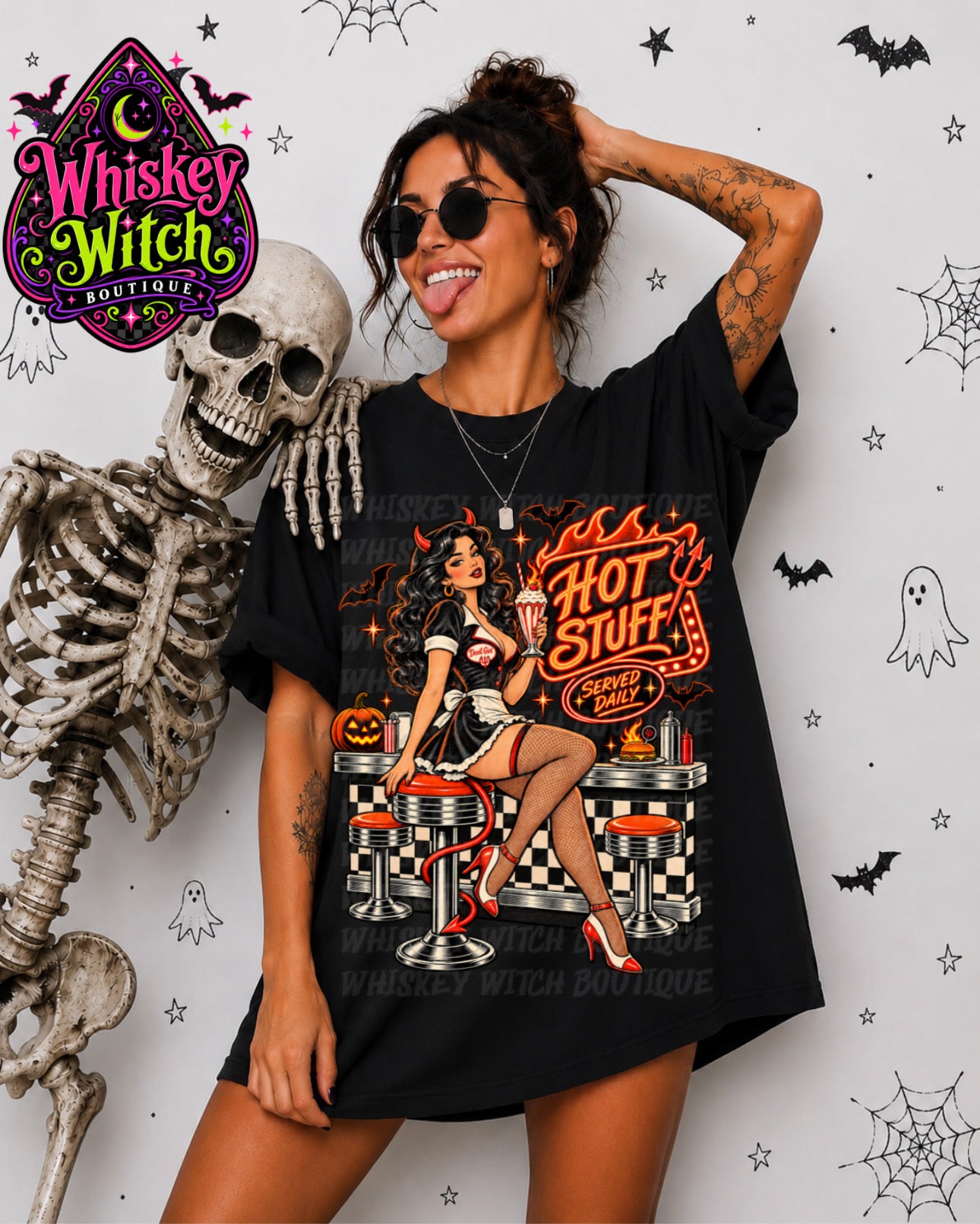 Hot Stuff Halloween Shirt or Sweatshirt | Retro Devil Girl Diner Tee | Vintage Spooky Pinup Halloween Top